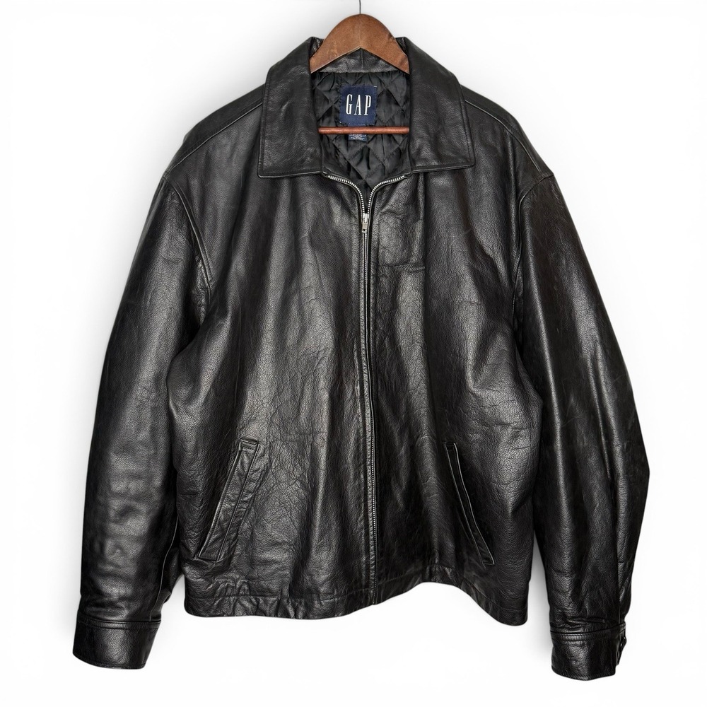 Vintage Y2K Gap Genuine Black Leather Full Zip Jacket XXL Bomber Biker Flight